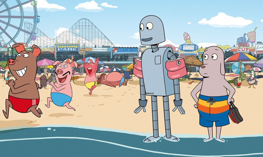 Zeichentrick, ein Roboter und ein Hund stehen am Strand, die Füße im Wasser, Schweinchen rennen neben ihnen fröhlich ins Wasser, im Hintergrund Strandbad mit Lokalen und Karussells