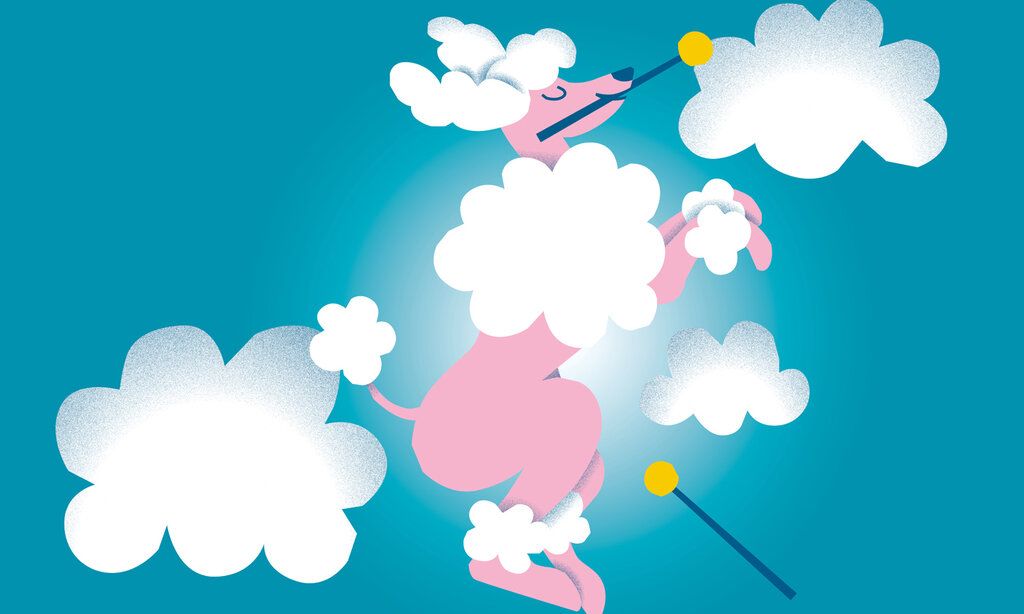 Illustration eines rosa Hundes, der durch Wolken fliegt, Schlagzeugstock im Mail, Hintergrund blau