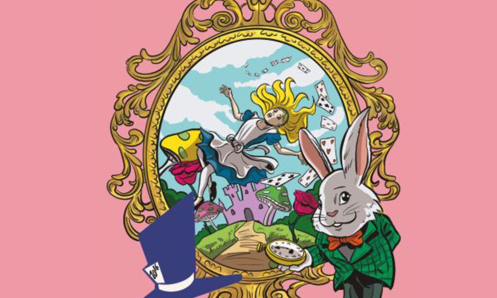 Zeichnung von Alice im Wunderland, die in einem Bilderrahmen steckt und dem Hutmacher, der vor dem Rahmen steht.