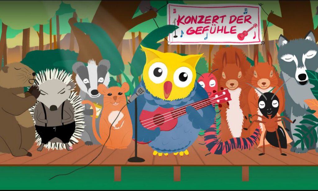 Gruppenbild mit allen Tieren aus "Eule findet den Beat – mit Gefühl".