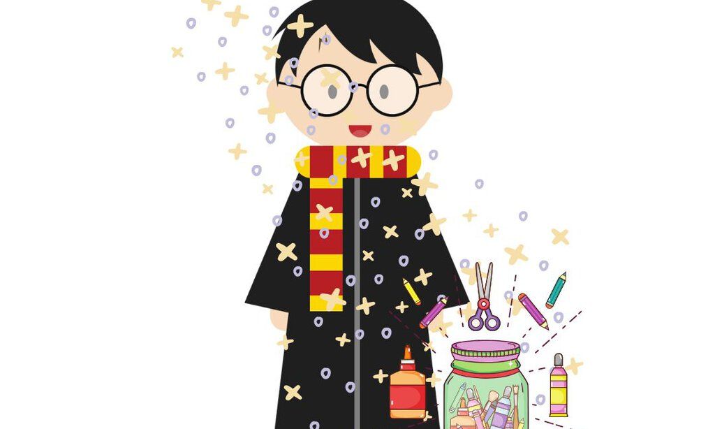 Harry Potter als Comicfigur mit Bastelutensilien