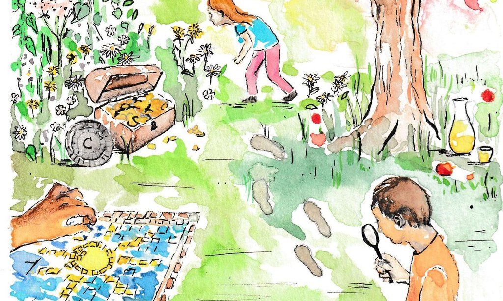 Aquarellzeichnung spielender Kinder in der Natur