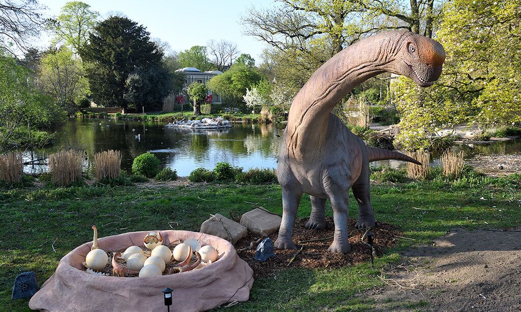 Eine Dinoskulptur samt Nest mit Eiern steht am See im Kölner Zoo