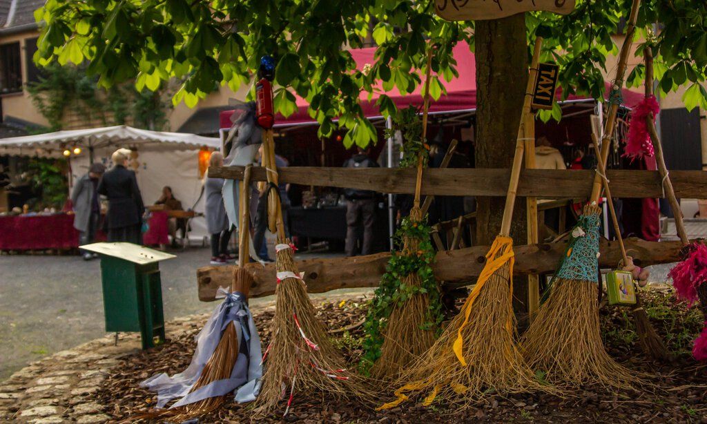 Vier Hexenbesen stehen an einen Baum gelehnt auf dem Hexenmarkt auf Burg Satzvey.