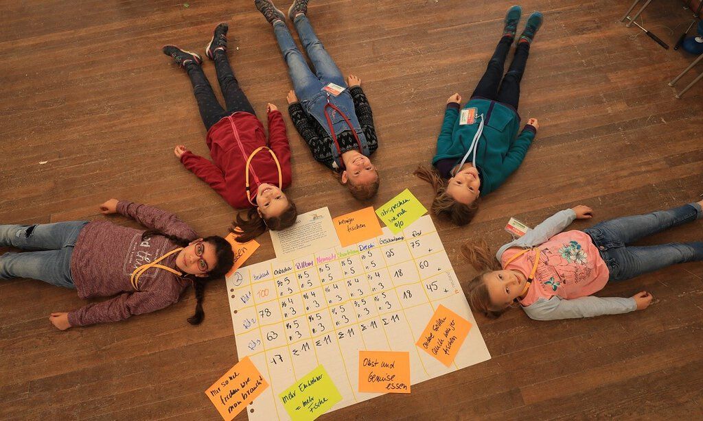 Fünf Mädchen liegen im Rahmen eines Workshops rund um einen Flipchartbogen auf dem Boden.