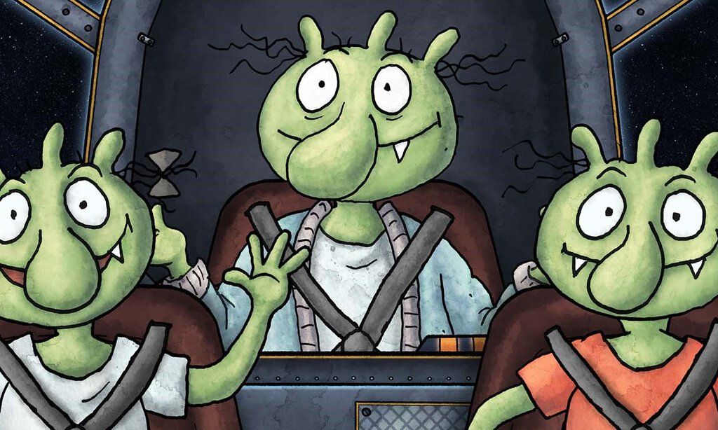 Die Olchis sitzen in einem Raumschiff und fliegen ins Weltall