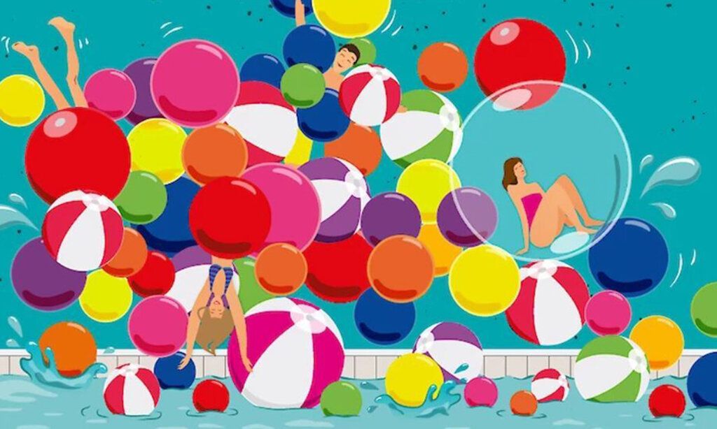 Illustration von bunten Bällen und Personen im Schwimmbad