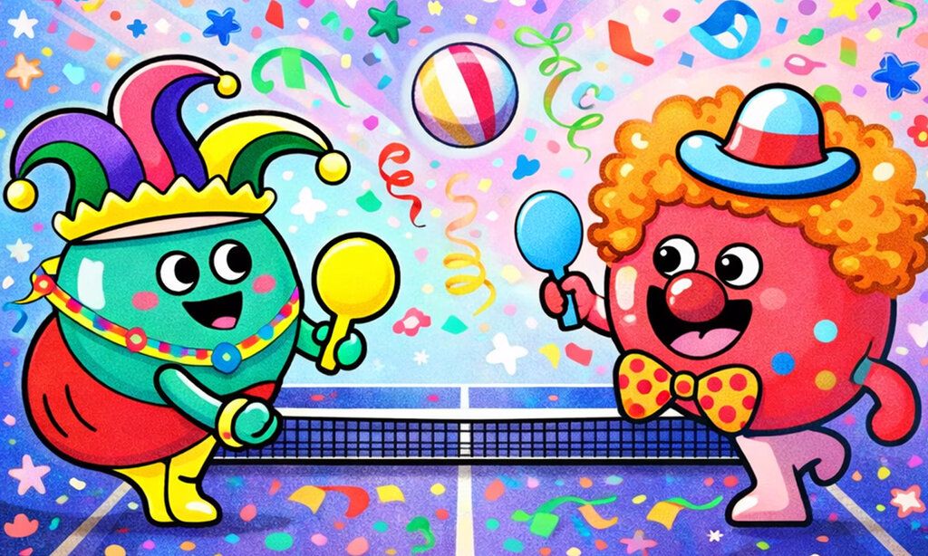 Illustration von zwei karnevalistisch verkleideten Tischtennisschlägern, die Ping-Pong spielen