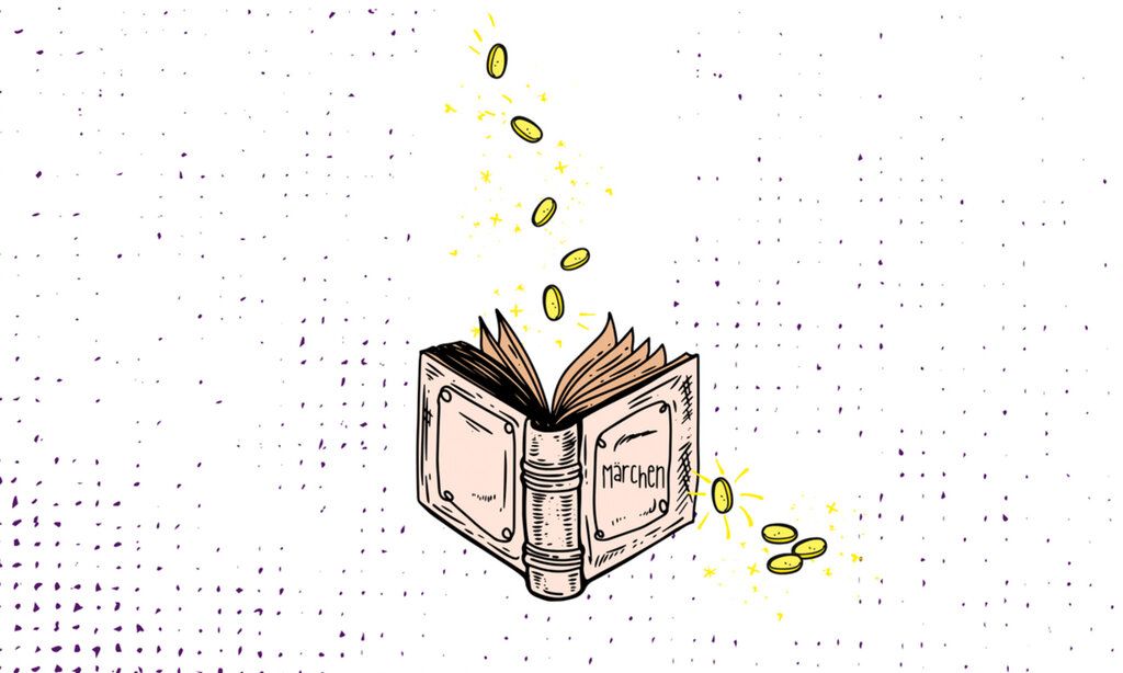 Illustration eines Buches, aus dem Goldtaler fliegen