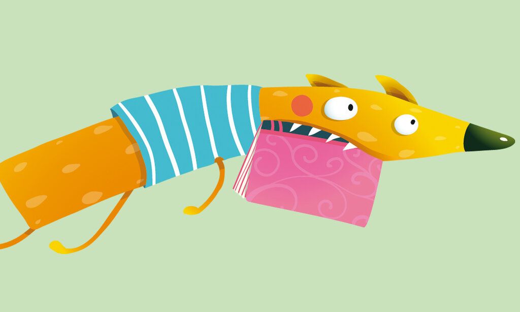 Vektorillustration eines Hundes, der ein Buch im Maul hat