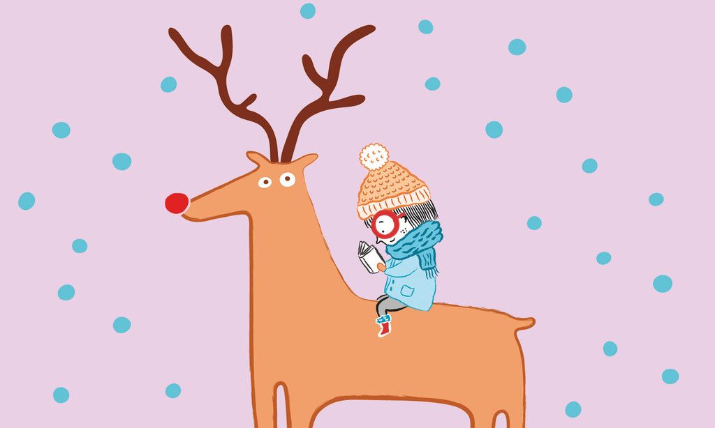 Illustration, Kind sitzt lesend auf dem Rücken eines Rentieres