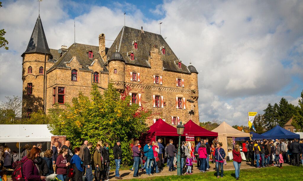 Marktstände und Besucher:innen vor Burg Satzvey