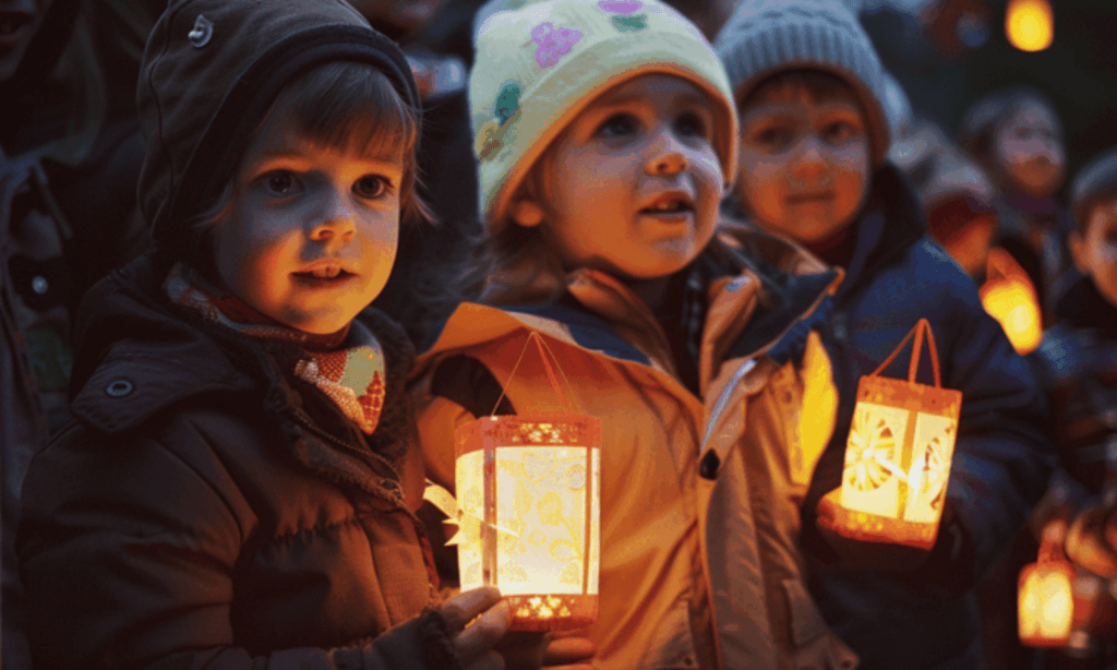 Kleine Kinder feiern mit ihren leuchtenden Laternen St. Martin.