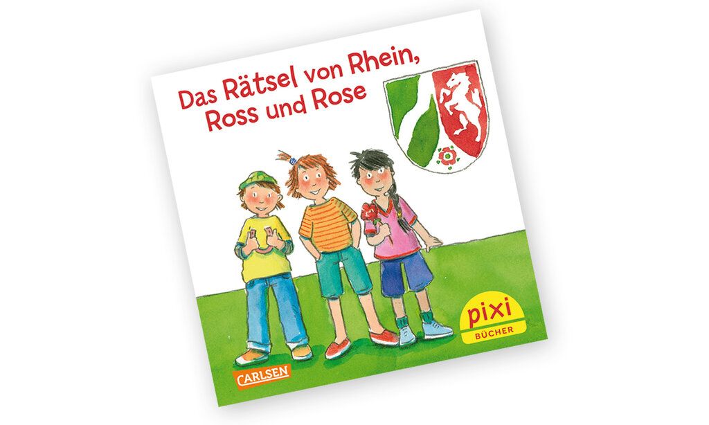 Cover des Pixiebuches Das Rätsel von Rhein, Ross und Rose, Illustration von drei Kindern und das Logo von NRW