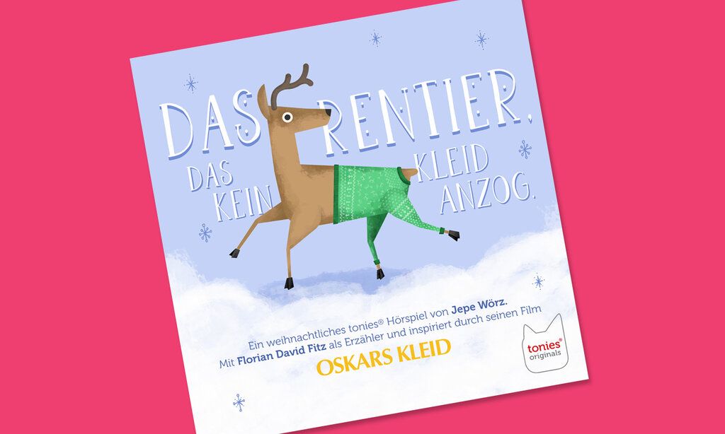 Rentier, das Pullover als Hose trägt, Cover des Hörspiels Das Rentier, das kein Kleid anzog, auf rotem Untergrund