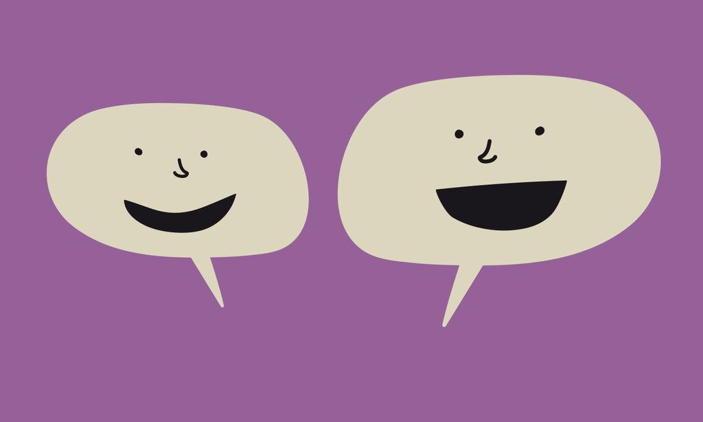 Illustration, zwei Sprechblasen mit Augen, Nase und Mund, Hintergrund violett