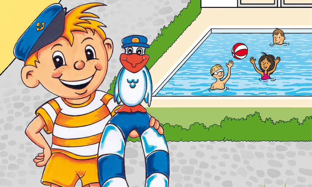 Illustration von Denni Düssel, der vor einem Schwimmbecken steht, einen Schwimmreifen in der Hand hält, auf dem ein Wasservogel sitzt