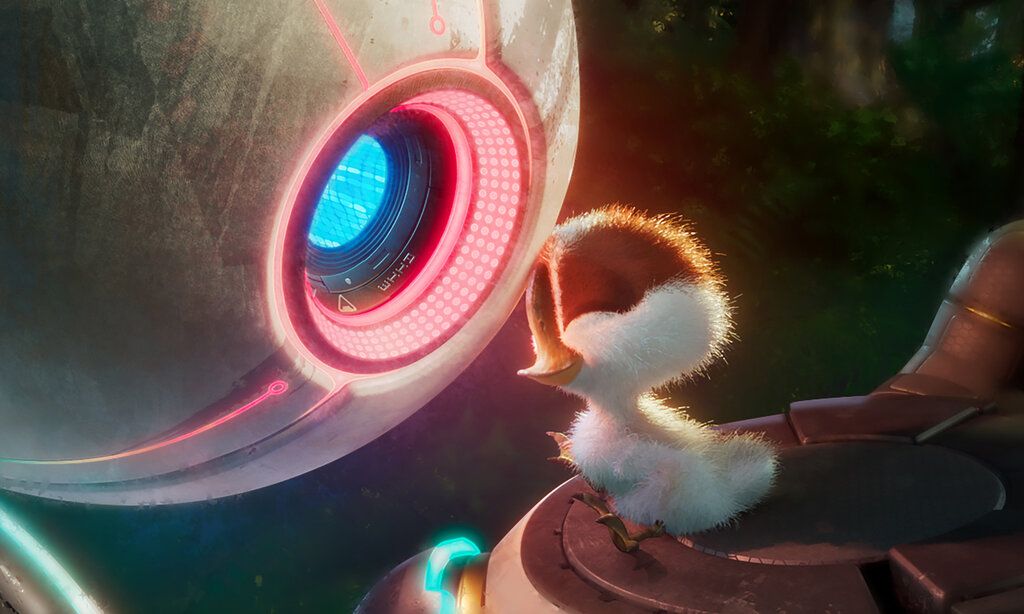 Animationsfilm, kleine Ente sitzt vor Roboter
