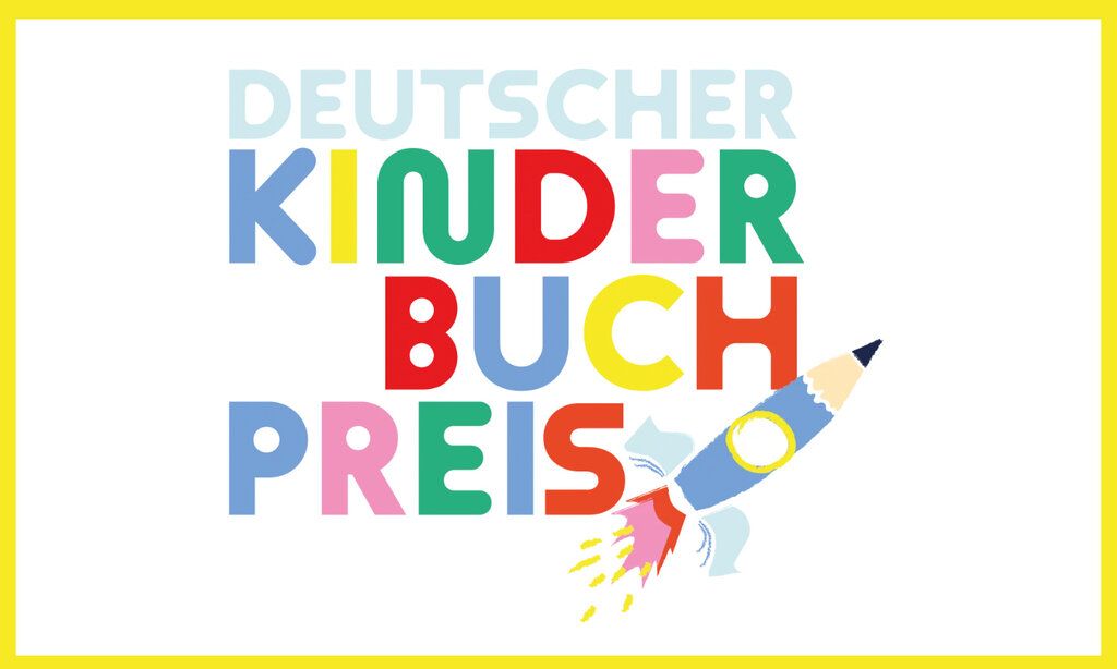 Deutscher Kinderbuch Preis, bunter Schriftzug und Bleistift, der aussieht wie eine Rakete