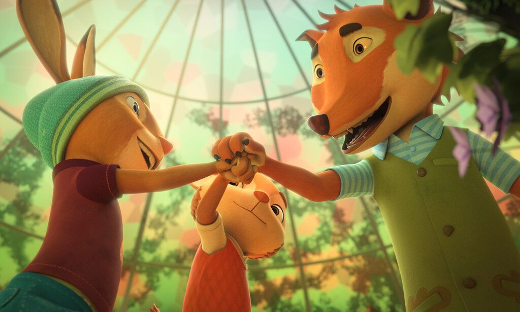 Animationsfilm, zwei Hasen und ein Fuchs halten sich an den Händen und besiegeln etwas, im Hintergrund ein Gewächshaus