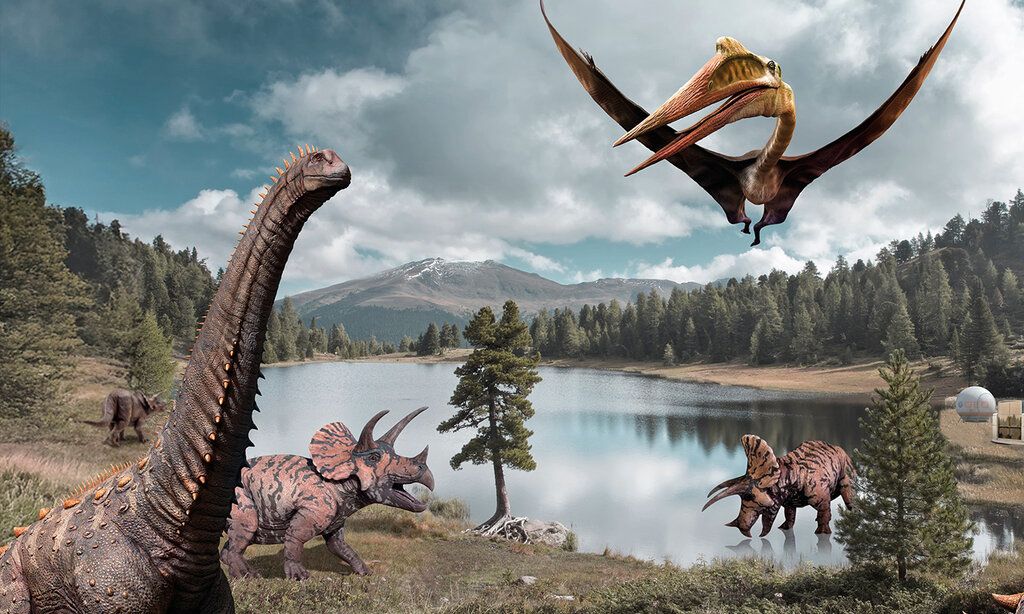 verschiedene Dinos in einer Landschaft