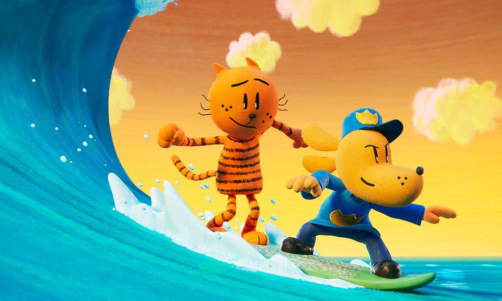 Filmszene, Animationsfilm, eine Katze und ein Hund beim Wellenreiten