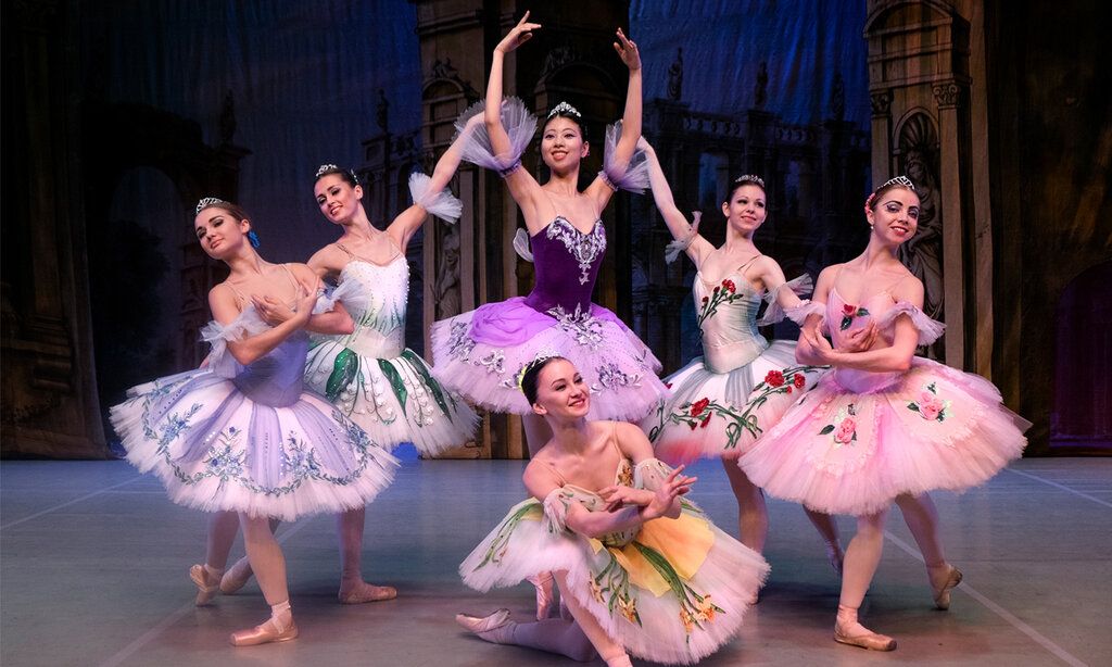 6 Balletttänzerinnen stehen zusammen auf der Bühne