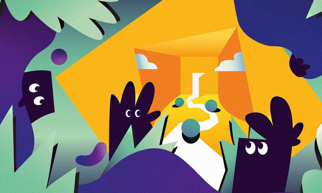 Grafik mit Figuren die hinter Bäumen hervorschauen