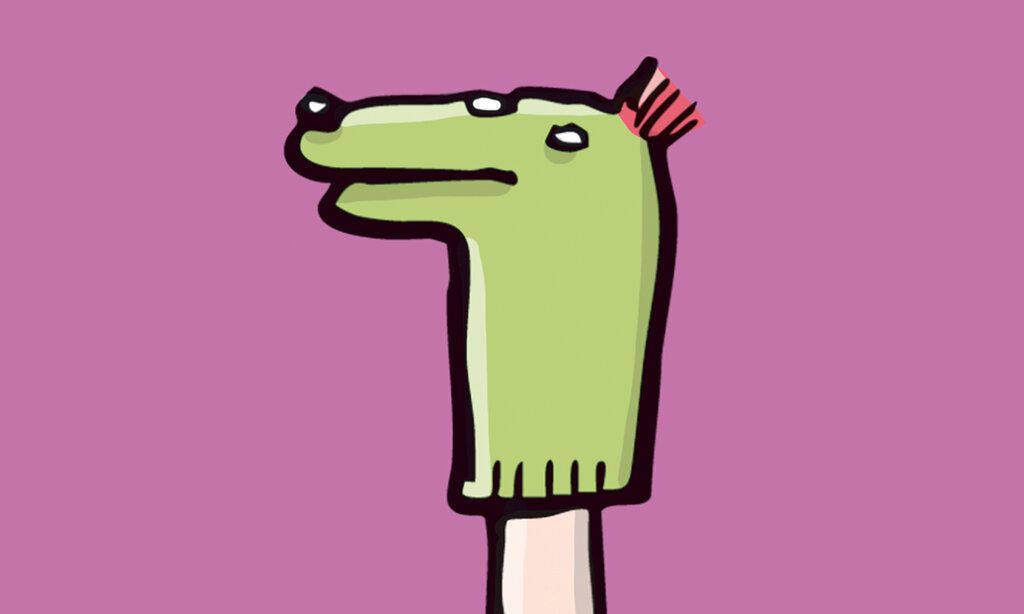 Illustration von der Sockenpuppe Keiner auf violettem Fond