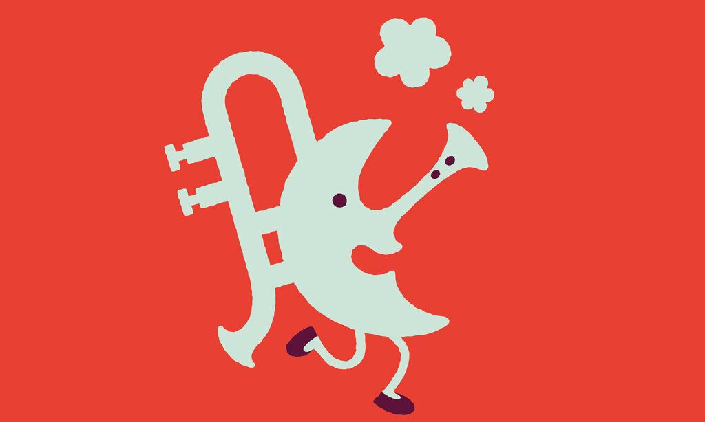 Familienmusikwoche Mond Plakatmotiv, Illustration eines Mischwesens aus Trompete, Klarinette und Halbmond, Hintergrund rot