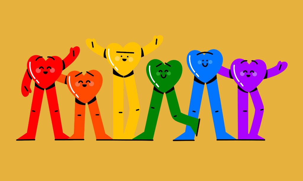 sechs Herz-Figuren mit Armen, Beinen und Gesichtern in Regenbogenfarben
