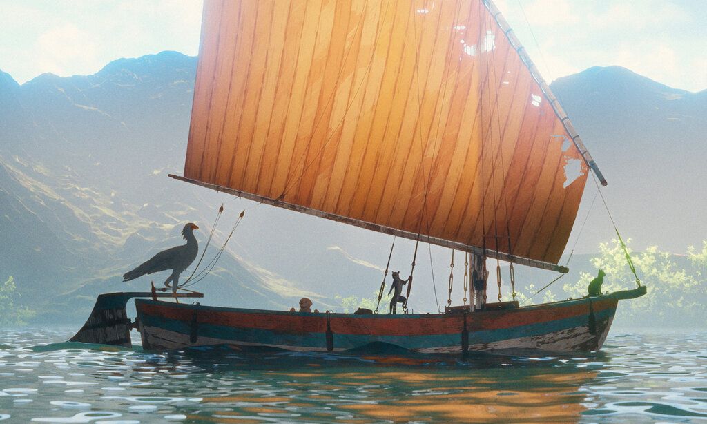 Szene aus dem Animationsfilm Flow, ein Segelboot schippert übers Wasser, an Bord sind Tiere
