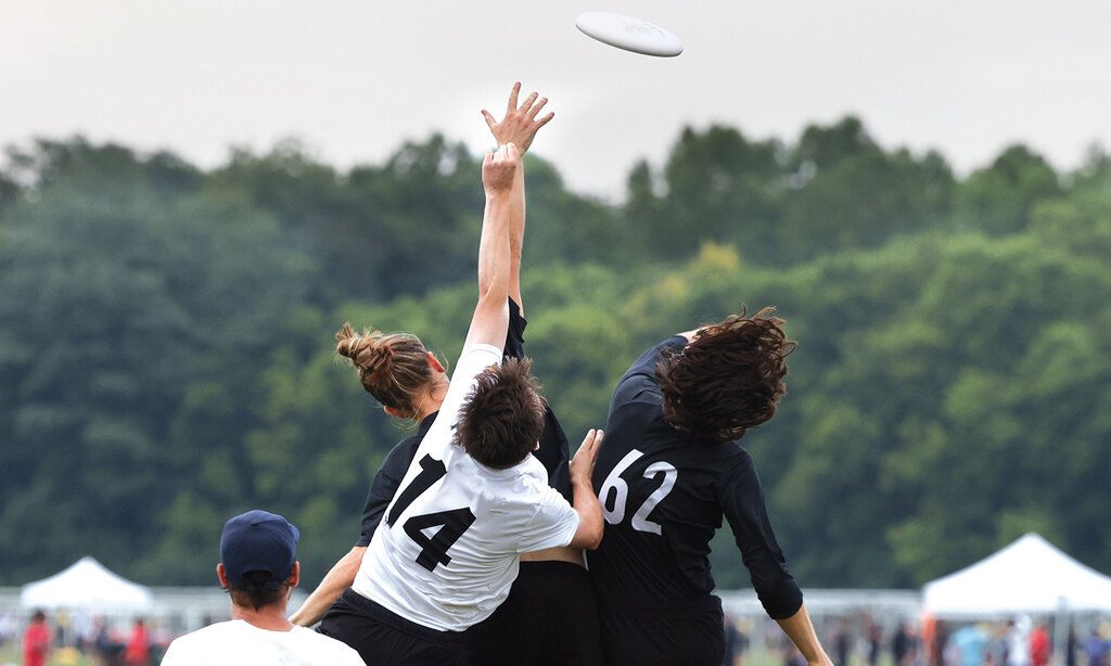 Frisbeespieler:innen springen in die Luft und wollen einen Frisbeescheibe fangen, die noch durch die Luft fliegt, man sieht sie von hinten