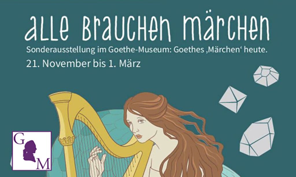 Schriftzug: Alle brauchen Märchen, Illustration einer Frau mit einer Harfe
