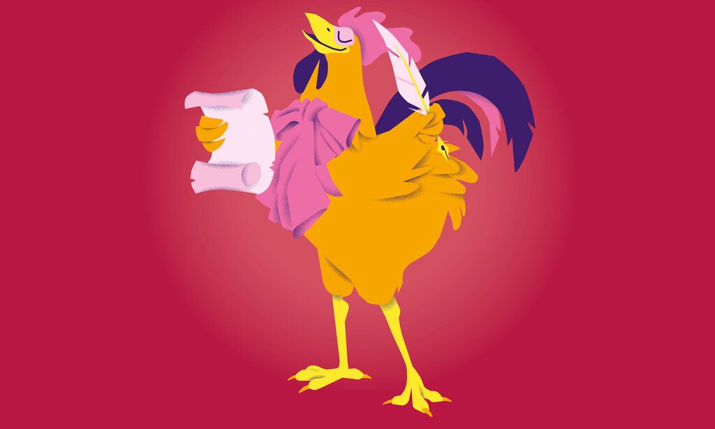 Illustration eines Hahnes, der eine Schriftrolle vor sich hält und eine Schreibfeder, Hintergrund: rote Fläche