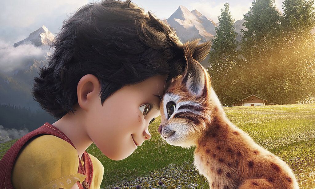 Szene aus dem Animationsfilm Heidi die Legendevom Luchs, Heidi und ein Luchs Kopf an Kopf, die beide lächeln sich an, im Hintergrund Bergwelt und die Hütte vom Alp-Öhi