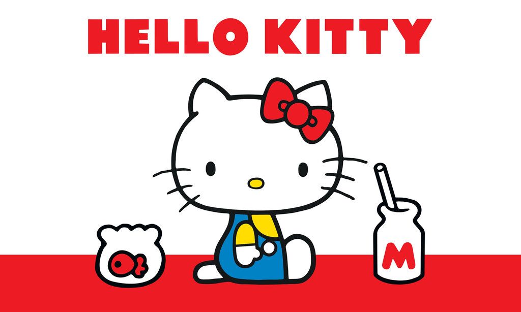 Hello Kitty-Figur sitzt mit Goldfischglas und Trinkflasche