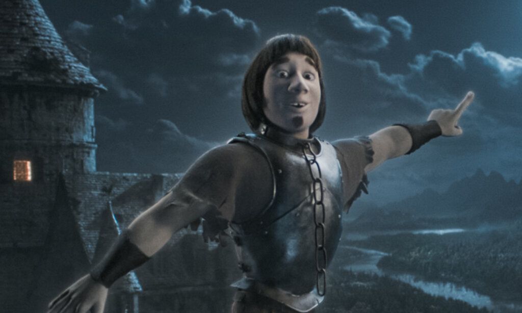 Ritter steht nacht auf einer Burg und zeigt gen Himmel