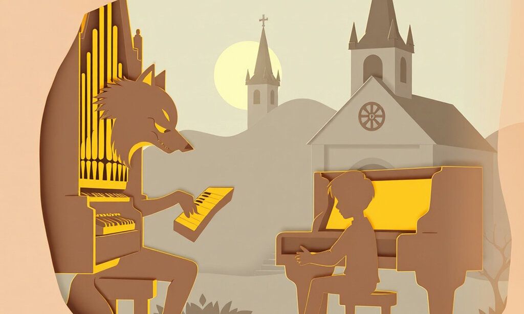 Scherenschnittartige Illustration von Peter und der Wolf
