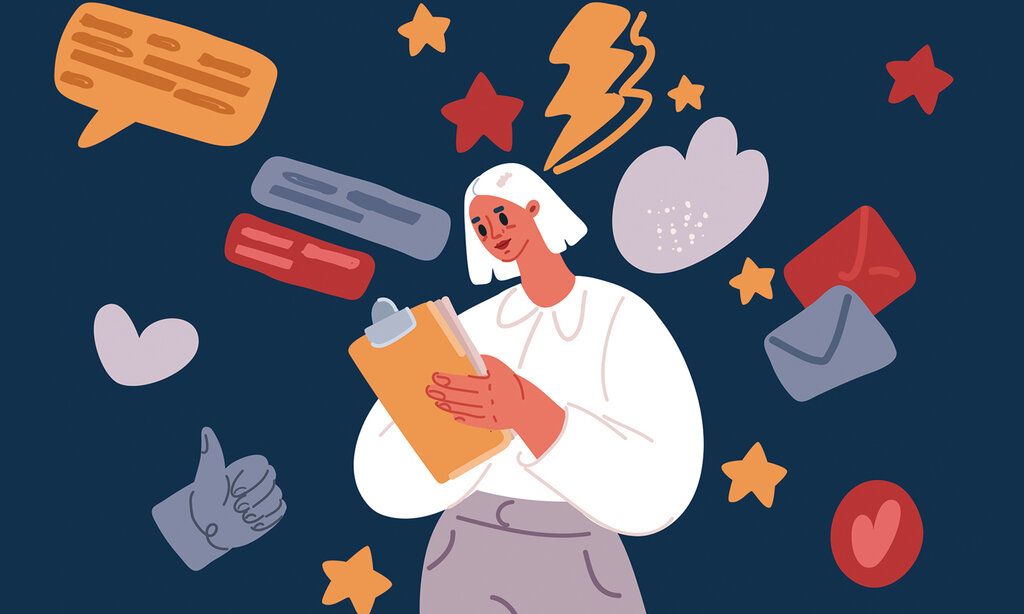 Vector-Illustration, Frau macht sich Notizen, um sie herum Symbole