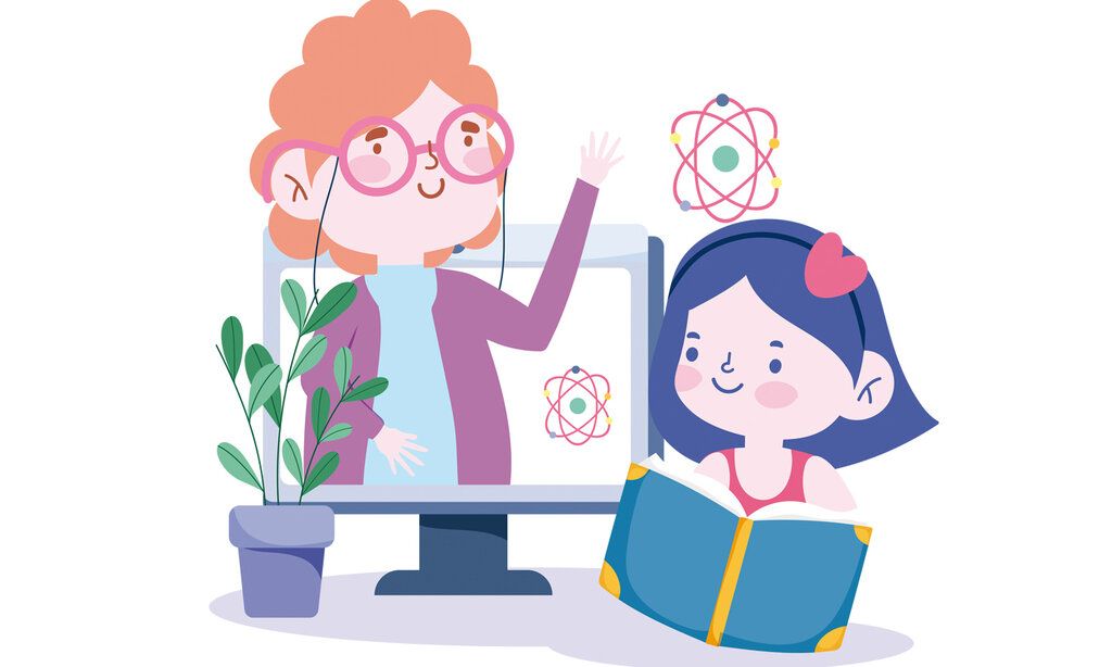 Vector-Illustration Mädchen lernt online und mit Buch, Lehrerin guckt aus dem Bildschirm
