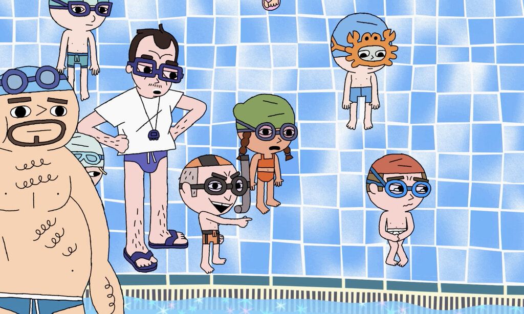 Filmszene aus dem Zeichentrickfilm Frites sans Maillot, Kinder und Erwachsene in einem Schwimmbad
