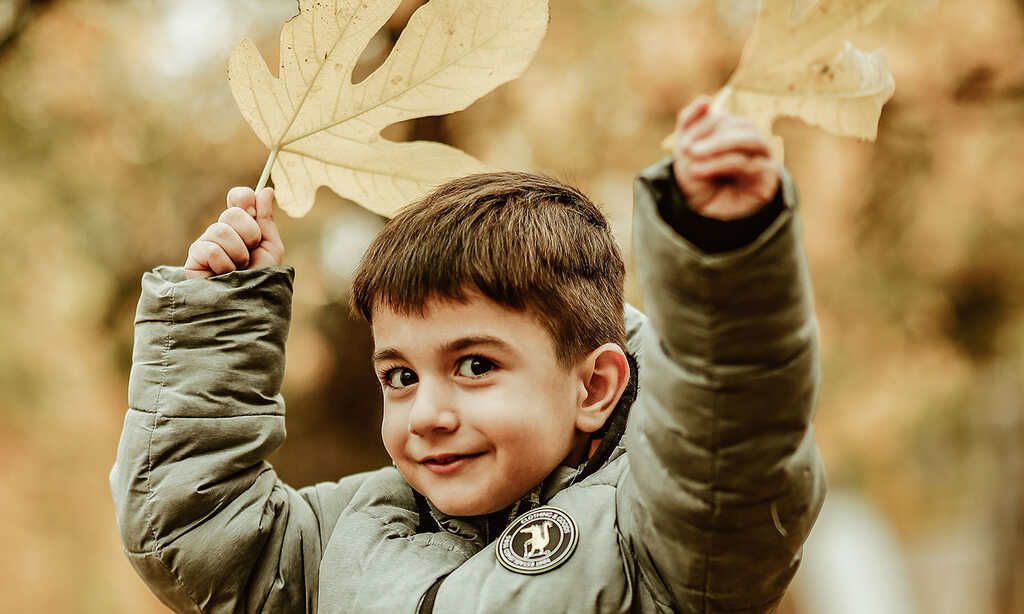 Junge im Wald mit Herbstlaub, hält zwei Blätter hoch