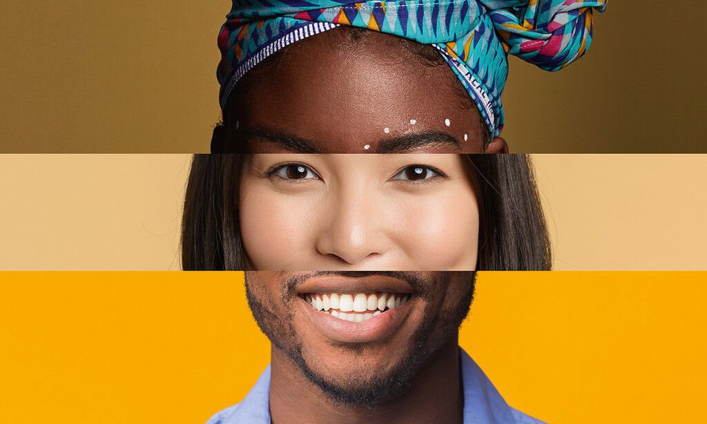 dreigeteiltes Bild, Kopf, der sich aus drei Porträts zusammensetzt