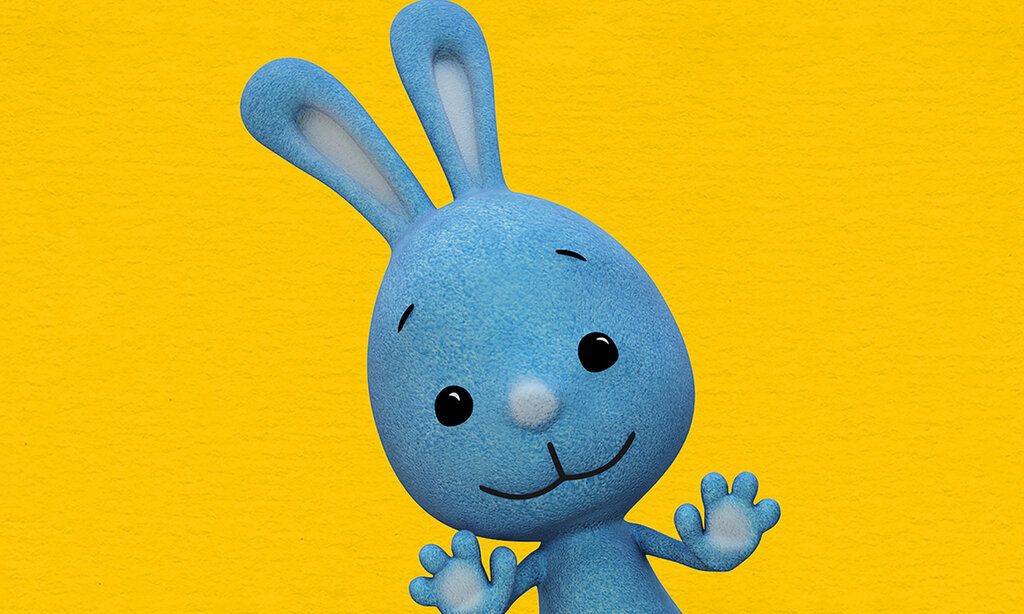 animierter blauer Hase, der Hintergrund ist gelb