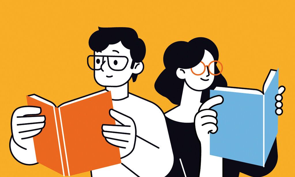 Vektor-Illustration, ein Junge und ein Mädchen lesen in Büchern, Hintergrund gelb