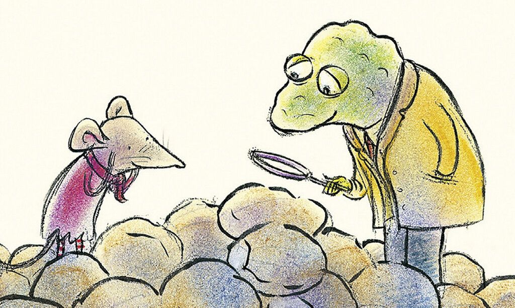 Illustration einer Maus und eines Frosches. Der Frosch hält eine Lupe in der Hand, beide sind bekleidet