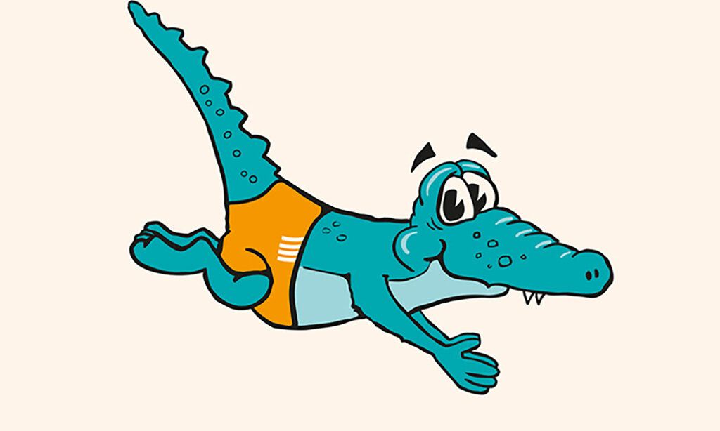Illustration eines Comic-Krokodil mit Badehose
