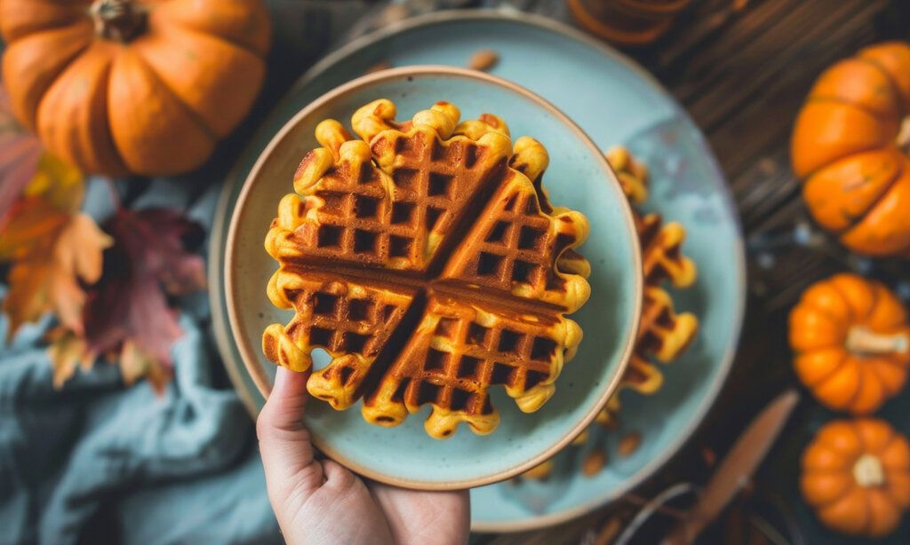 eine Hand hält einen blauen Teller, auf dem eine Waffel liegt in die Kamera, im Hintergund Kürbisse und Herbstlaub