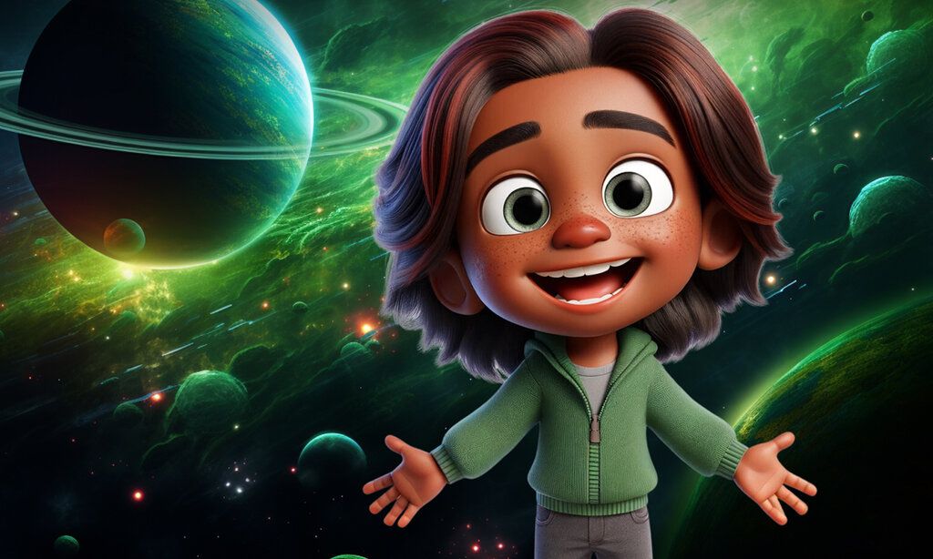 3-D-Illustration von einem Kind vor grünem Universum